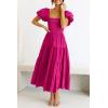 imagePRETTYGARDEN Womens Casual Summer Midi Dress Puffy Short Sleeve Square Neck Smocked Tiered Ruffle DressesDark Rose Red