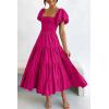 imagePRETTYGARDEN Womens Casual Summer Midi Dress Puffy Short Sleeve Square Neck Smocked Tiered Ruffle DressesDark Rose Red