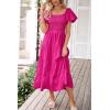 imagePRETTYGARDEN Womens Casual Summer Midi Dress Puffy Short Sleeve Square Neck Smocked Tiered Ruffle DressesDark Rose Red