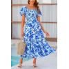 imagePRETTYGARDEN Womens Casual Summer Midi Dress Puffy Short Sleeve Square Neck Smocked Tiered Ruffle DressesFloral Blue