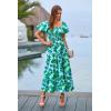imagePRETTYGARDEN Womens Casual Summer Midi Dress Puffy Short Sleeve Square Neck Smocked Tiered Ruffle DressesFloral Green