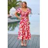imagePRETTYGARDEN Womens Casual Summer Midi Dress Puffy Short Sleeve Square Neck Smocked Tiered Ruffle DressesFloral Red