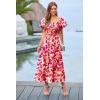 imagePRETTYGARDEN Womens Casual Summer Midi Dress Puffy Short Sleeve Square Neck Smocked Tiered Ruffle DressesFloral Red