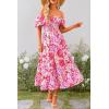 imagePRETTYGARDEN Womens Casual Summer Midi Dress Puffy Short Sleeve Square Neck Smocked Tiered Ruffle DressesFloral Rose Red