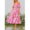 imagePRETTYGARDEN Womens Casual Summer Midi Dress Puffy Short Sleeve Square Neck Smocked Tiered Ruffle DressesFloral Rose Red