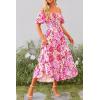 imagePRETTYGARDEN Womens Casual Summer Midi Dress Puffy Short Sleeve Square Neck Smocked Tiered Ruffle DressesFloral Rose Red