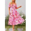 imagePRETTYGARDEN Womens Casual Summer Midi Dress Puffy Short Sleeve Square Neck Smocked Tiered Ruffle DressesFloral Rose Red