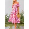 imagePRETTYGARDEN Womens Casual Summer Midi Dress Puffy Short Sleeve Square Neck Smocked Tiered Ruffle DressesFloral Rose Red