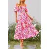 imagePRETTYGARDEN Womens Casual Summer Midi Dress Puffy Short Sleeve Square Neck Smocked Tiered Ruffle DressesFloral Rose Red