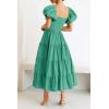 imagePRETTYGARDEN Womens Casual Summer Midi Dress Puffy Short Sleeve Square Neck Smocked Tiered Ruffle DressesGreen