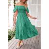 imagePRETTYGARDEN Womens Casual Summer Midi Dress Puffy Short Sleeve Square Neck Smocked Tiered Ruffle DressesGreen
