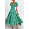 imagePRETTYGARDEN Womens Casual Summer Midi Dress Puffy Short Sleeve Square Neck Smocked Tiered Ruffle DressesGreen