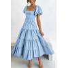imagePRETTYGARDEN Womens Casual Summer Midi Dress Puffy Short Sleeve Square Neck Smocked Tiered Ruffle DressesLight Blue