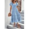 imagePRETTYGARDEN Womens Casual Summer Midi Dress Puffy Short Sleeve Square Neck Smocked Tiered Ruffle DressesLight Blue