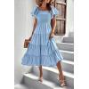 imagePRETTYGARDEN Womens Casual Summer Midi Dress Puffy Short Sleeve Square Neck Smocked Tiered Ruffle DressesLight Blue