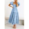 imagePRETTYGARDEN Womens Casual Summer Midi Dress Puffy Short Sleeve Square Neck Smocked Tiered Ruffle DressesLight Blue