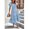 imagePRETTYGARDEN Womens Casual Summer Midi Dress Puffy Short Sleeve Square Neck Smocked Tiered Ruffle DressesLight Blue