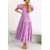 imagePRETTYGARDEN Womens Casual Summer Midi Dress Puffy Short Sleeve Square Neck Smocked Tiered Ruffle DressesLight Purple