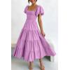 imagePRETTYGARDEN Womens Casual Summer Midi Dress Puffy Short Sleeve Square Neck Smocked Tiered Ruffle DressesLight Purple