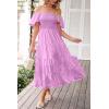 imagePRETTYGARDEN Womens Casual Summer Midi Dress Puffy Short Sleeve Square Neck Smocked Tiered Ruffle DressesLight Purple