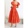 imagePRETTYGARDEN Womens Casual Summer Midi Dress Puffy Short Sleeve Square Neck Smocked Tiered Ruffle DressesOrange