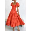imagePRETTYGARDEN Womens Casual Summer Midi Dress Puffy Short Sleeve Square Neck Smocked Tiered Ruffle DressesOrange