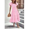 imagePRETTYGARDEN Womens Casual Summer Midi Dress Puffy Short Sleeve Square Neck Smocked Tiered Ruffle DressesPink