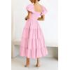 imagePRETTYGARDEN Womens Casual Summer Midi Dress Puffy Short Sleeve Square Neck Smocked Tiered Ruffle DressesPink