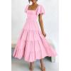 imagePRETTYGARDEN Womens Casual Summer Midi Dress Puffy Short Sleeve Square Neck Smocked Tiered Ruffle DressesPink
