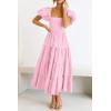 imagePRETTYGARDEN Womens Casual Summer Midi Dress Puffy Short Sleeve Square Neck Smocked Tiered Ruffle DressesPink