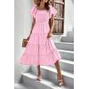 imagePRETTYGARDEN Womens Casual Summer Midi Dress Puffy Short Sleeve Square Neck Smocked Tiered Ruffle DressesPink