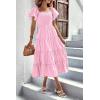 imagePRETTYGARDEN Womens Casual Summer Midi Dress Puffy Short Sleeve Square Neck Smocked Tiered Ruffle DressesPink