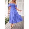 imagePRETTYGARDEN Womens Casual Summer Midi Dress Puffy Short Sleeve Square Neck Smocked Tiered Ruffle DressesPurple Blue