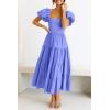 imagePRETTYGARDEN Womens Casual Summer Midi Dress Puffy Short Sleeve Square Neck Smocked Tiered Ruffle DressesPurple Blue