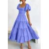 imagePRETTYGARDEN Womens Casual Summer Midi Dress Puffy Short Sleeve Square Neck Smocked Tiered Ruffle DressesPurple Blue