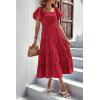 imagePRETTYGARDEN Womens Casual Summer Midi Dress Puffy Short Sleeve Square Neck Smocked Tiered Ruffle DressesRed