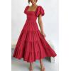 imagePRETTYGARDEN Womens Casual Summer Midi Dress Puffy Short Sleeve Square Neck Smocked Tiered Ruffle DressesRed