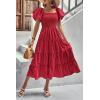 imagePRETTYGARDEN Womens Casual Summer Midi Dress Puffy Short Sleeve Square Neck Smocked Tiered Ruffle DressesRed
