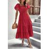 imagePRETTYGARDEN Womens Casual Summer Midi Dress Puffy Short Sleeve Square Neck Smocked Tiered Ruffle DressesRed
