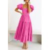 imagePRETTYGARDEN Womens Casual Summer Midi Dress Puffy Short Sleeve Square Neck Smocked Tiered Ruffle DressesRose Pink