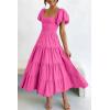 imagePRETTYGARDEN Womens Casual Summer Midi Dress Puffy Short Sleeve Square Neck Smocked Tiered Ruffle DressesRose Pink