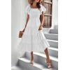 imagePRETTYGARDEN Womens Casual Summer Midi Dress Puffy Short Sleeve Square Neck Smocked Tiered Ruffle DressesWhite