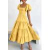 imagePRETTYGARDEN Womens Casual Summer Midi Dress Puffy Short Sleeve Square Neck Smocked Tiered Ruffle DressesYellow