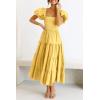 imagePRETTYGARDEN Womens Casual Summer Midi Dress Puffy Short Sleeve Square Neck Smocked Tiered Ruffle DressesYellow