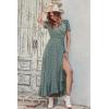 imagePRETTYGARDEN Womens Summer Maxi Dress Casual Wrap Floral Boho Short Sleeve V Neck Split Ruffle Beach Long DressesDark Green Floral