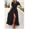 imagePRETTYGARDEN Womens Summer Maxi Dress Casual Wrap Floral Boho Short Sleeve V Neck Split Ruffle Beach Long DressesZblack