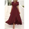 imagePRETTYGARDEN Womens Summer Maxi Dress Casual Wrap Floral Boho Short Sleeve V Neck Split Ruffle Beach Long DressesZwine Red
