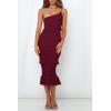 imagePRETTYGARDEN Womens Summer Midi Bodycon Dresses One Shoulder Strappy Tiered Ruffle Floral Boho Sun DressSolid Wine Red