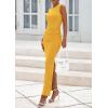 imagePRETTYGARDEN Womens Summer Wedding Guest Dresses 2025 Sleeveless Ruched Bodycon Fitted Maxi Long Cocktail Dress with SlitYellow