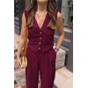 imagePRETTYGARDEN Womens Two Piece Outfits Summer V Neck Button Front Cropped Tank Tops Vest Pockets Pants Cotton Matching SetsDark Red